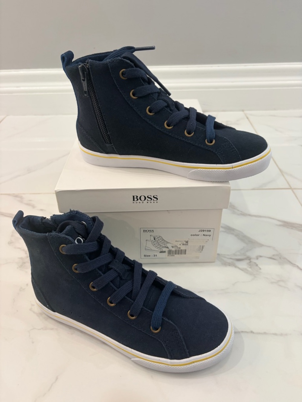 BOSS Navy Sueded High-Top Sneakers with Yellow Trim